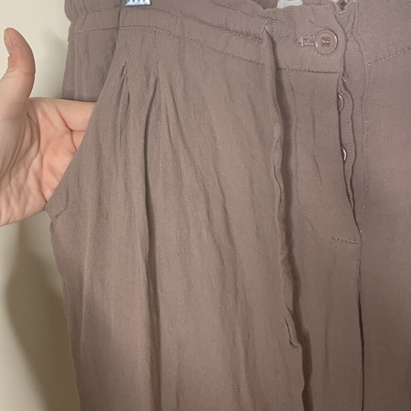 MOD REF | Light Brown Drawstring Waist Button Front Cotton Linen Wide Leg Pants - Picture 9 of 13